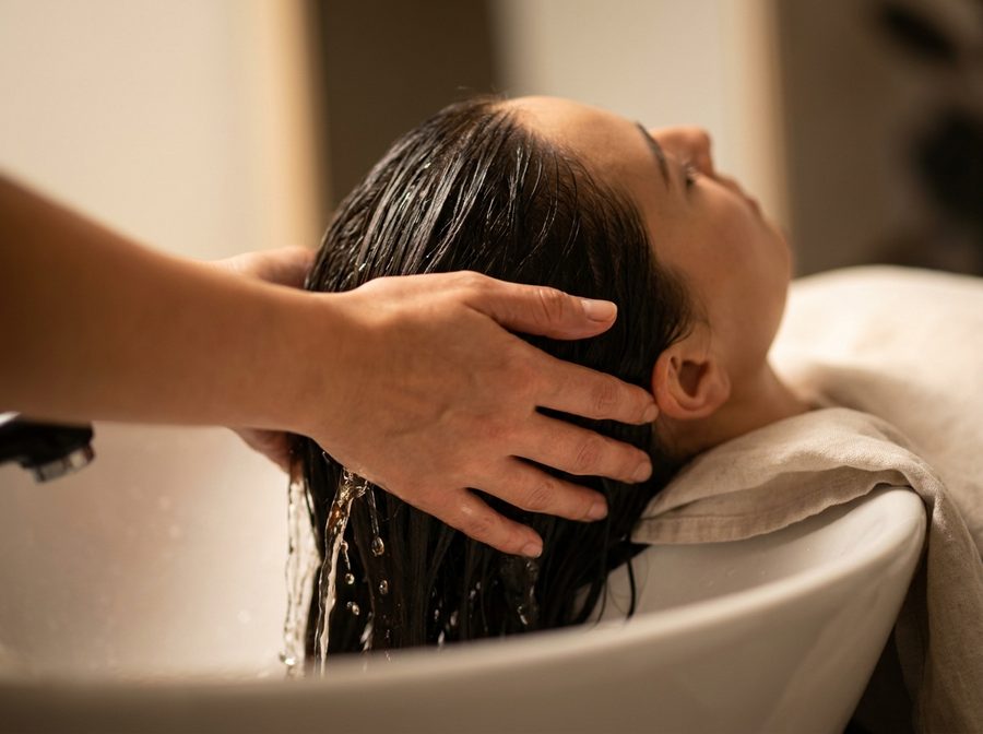 Warm water running through hair during a head spa cleanse