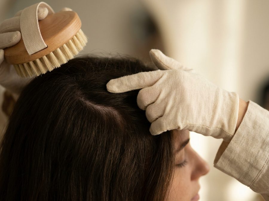 A parting through the hair during a scalp care session